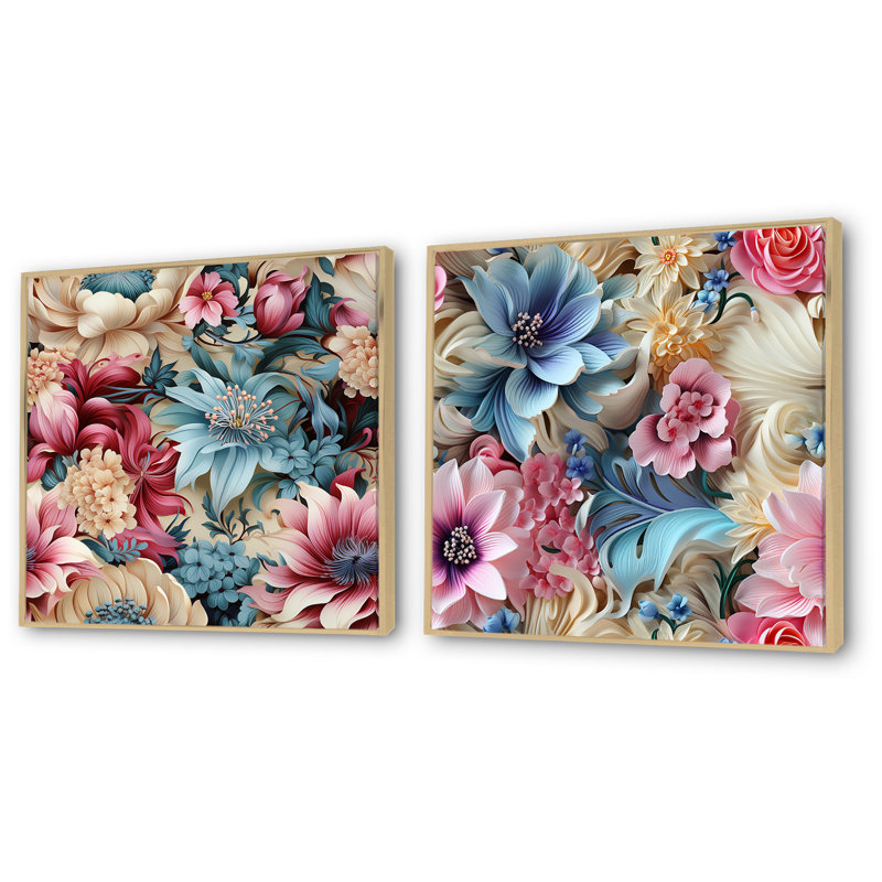Faustine - Ensemble de salon mural floral 2 pièces, Encadrement brun, H 16 po x l 33 po x P 1 po