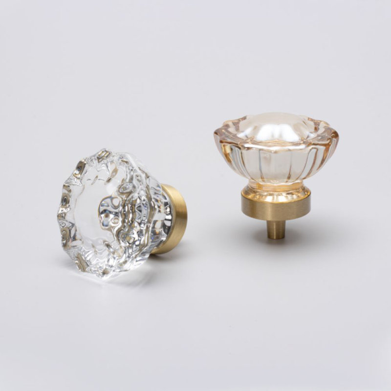 1 1/2" Round Amber Glass Knob, Brushed Brass/Clear