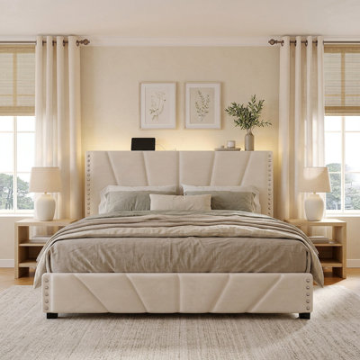 Queen Size Velvet Upholstered Storage Platform Bed Frame with Adjustable Height Headboard, LED Lighting, Charging Station and 11.8" Underbed Storage, No Box Spring Needed