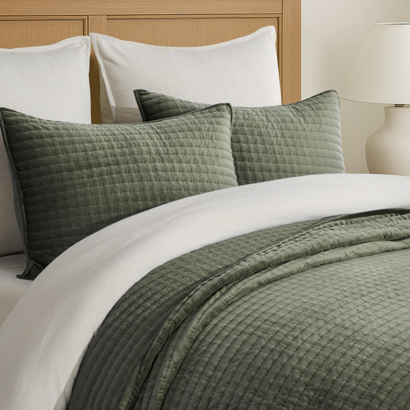 Ensemble de courtepointe PearlVelvet, Courtepointe pour lit grand + deux taies décorati, Vert olive