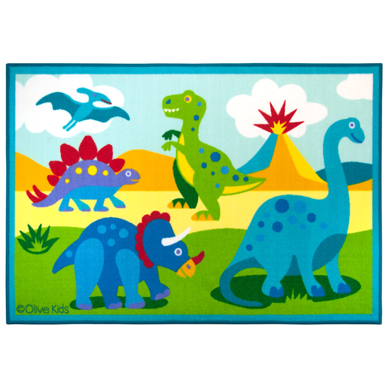 Blue Dinosaur Land Rectangular Kids Rug with Non-Slip Backing