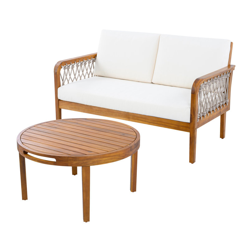 Outdoor Dining Set,Outdoor Loveseat & Coffee Table Set with Handwoven Rope, Teak