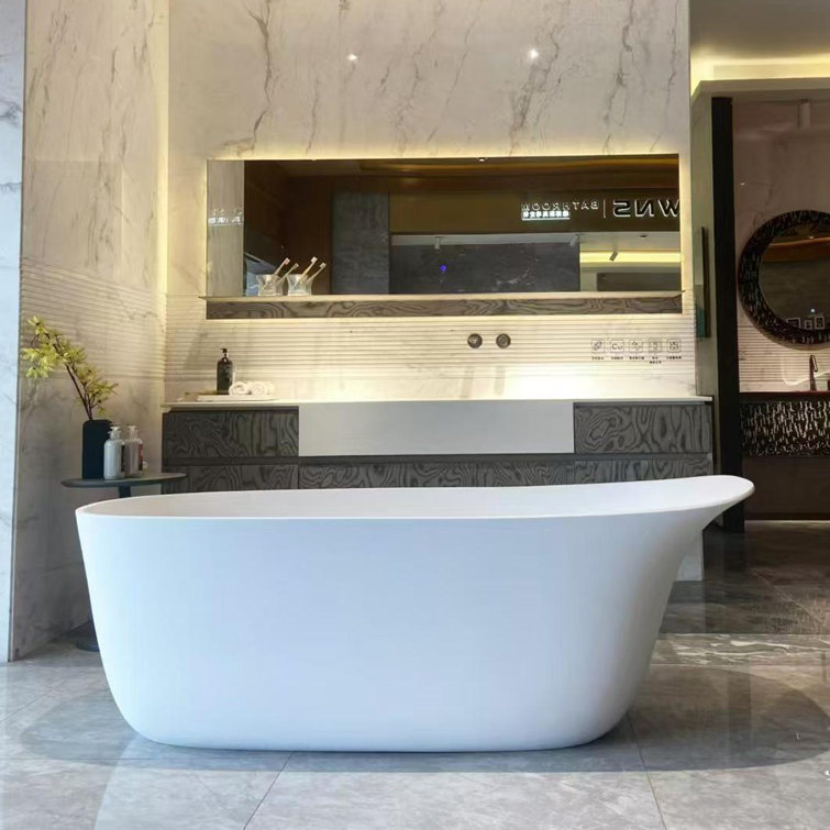 63'' X 29.5'' Matte White Freestanding Soaking Solid Surface Bathtub With Pop-up Drain And Overflow
