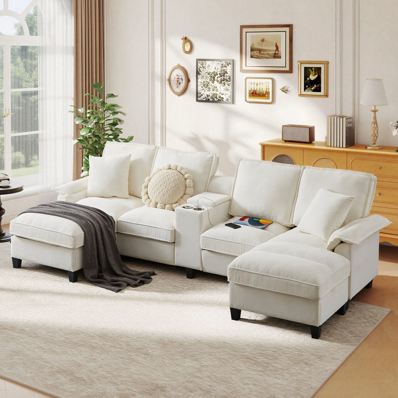 Clitheroe 121.2" U-Shaped Corduroy Modular Sectional Sofa with Dual Chaise Lounges, Hidden Storage and Cup Holders, Built-in USB Port