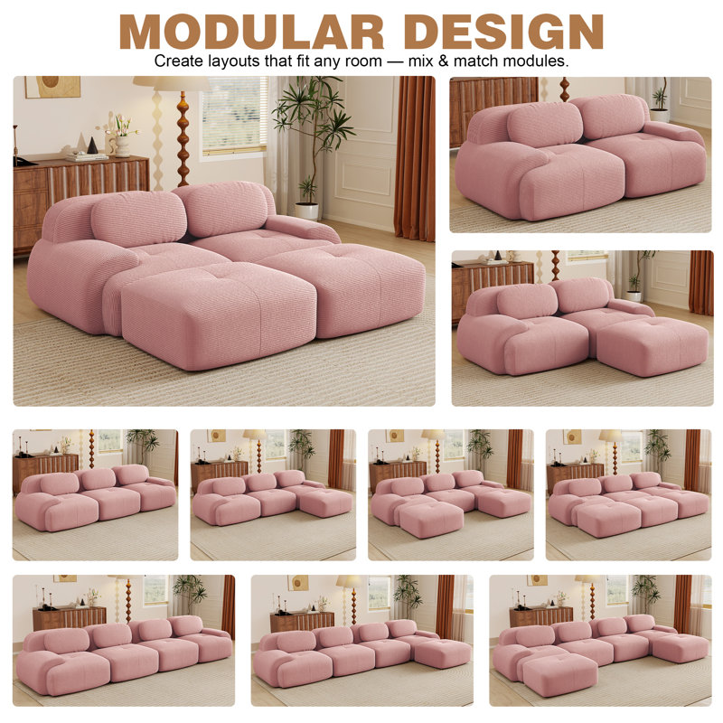 Canapé modulaire 82 po avec repose-pieds 82 po, velours côtelé, assise profonde 28 po, aucun assemblage requis, rose
