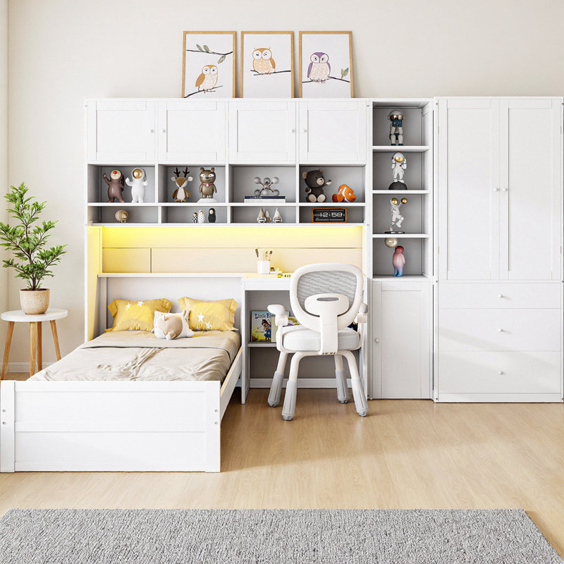Lit mezzanine simple en bois avec bureau intégré, garde-robe, tablettes et tiroirs, éclairage à DEL intégré, meuble tout-en-un complet pour la chambre à coucher, conception peu encombrante