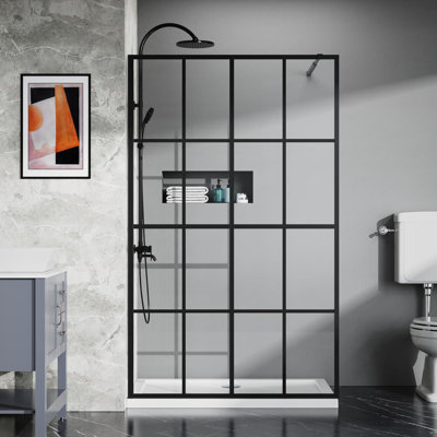 Écran de douche sans cadre 46 po x l 72 po, verre trempé 1/5 po (5 mm) avec grille, barre de support réglable, installation murale, finition noir mat