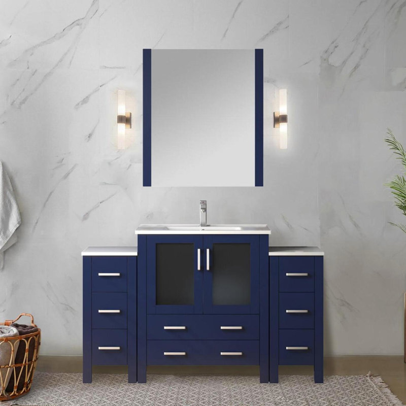 Bleu marine 54 po Meuble-lavabo simple avec armoires latérales, comptoir en céramique blanche, robinet et miroir de 28 po - comptoir à rayures, trou x P 18,25 po