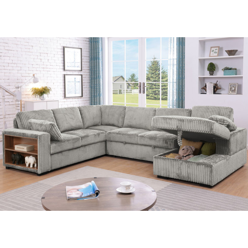 Sleeper Sectional Sofa with Pull-Out Bed, Storage Armrest, Right-Facing Storage Chaise, Gray