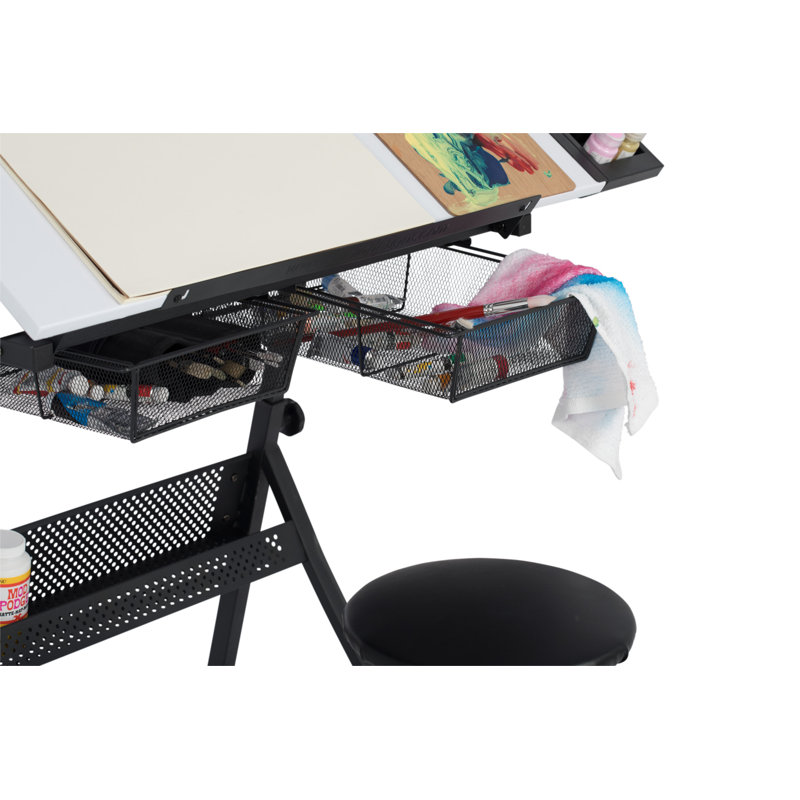 Adjustable White Metal Drafting Table with Storage Drawers