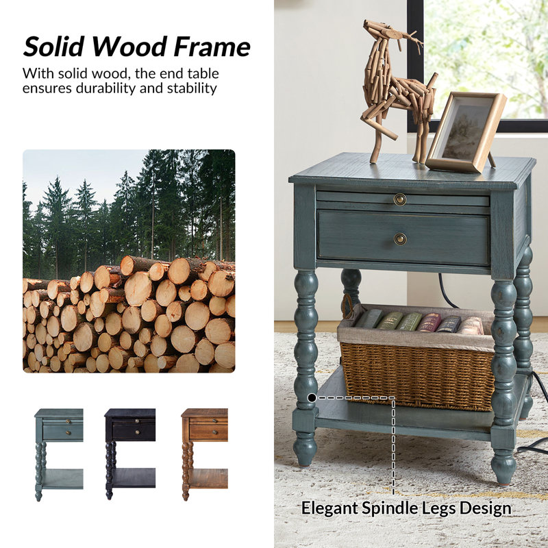 Dziekan 26" Solid Wood End Table Set with Charging (2)