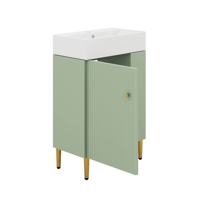 Petit meuble-lavabo 21,6 po avec lavabo en céramique, meuble-lavabo autoportant avec porte à fermeture en douceur, rangement sur le côté droit