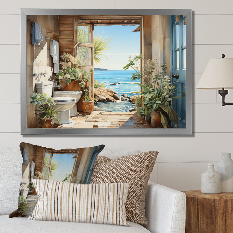 " Bathroom Toilet Coastal Escape I ", Silver Picture Framed, 30" H x 40" W x 1.5" D