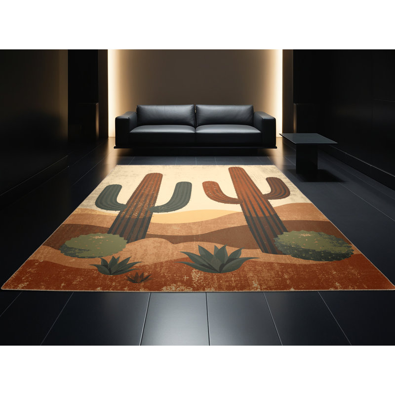 Machine Washable Ortencia Cactus Modern Rustic Vintage Look Rug in Brown – Beige Binding, 8x10