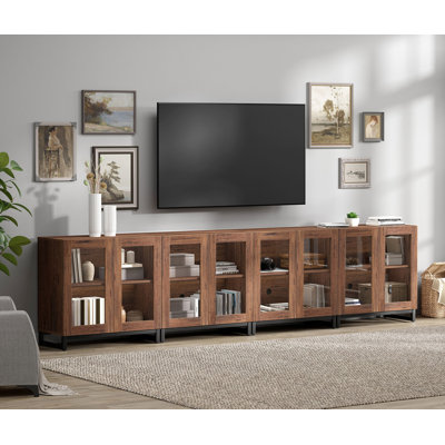 Modern TV Stand With Glass Doors For 120 Inch Tvs, 4 In 1 Entertainment Center Console With Adjustable Shelves And Metal Base For Living Room, Bedroom