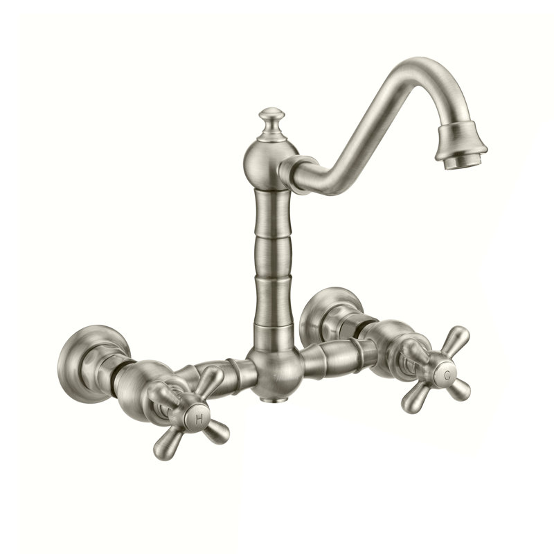 Whitehaus Wall Mount Faucet with Long Traditional Swivel Spout and Solid Brass Side Spray, Brushed Nickel, Cross