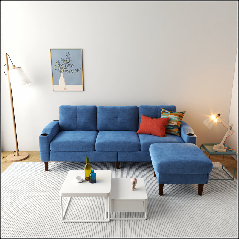 Canapé convertible en L avec repose-pieds et armoire de rangement, Tissu bleu marine
