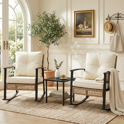 Yardgrace 3-Piece Outdoor Rocking Bistro Set With Cushions & 2-tier Coffee Table
