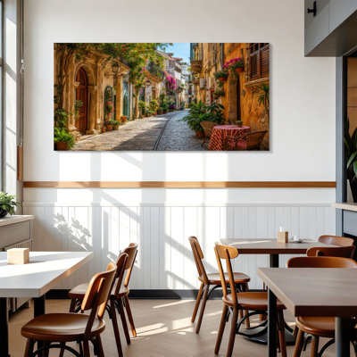Canvas Wall Art Cafe tables chairs old cozy street Positano town Italy Wall Decor for Living Room Bathroom Bedroom Office 24"H x 48"W Art Paintings, Ready to Hang