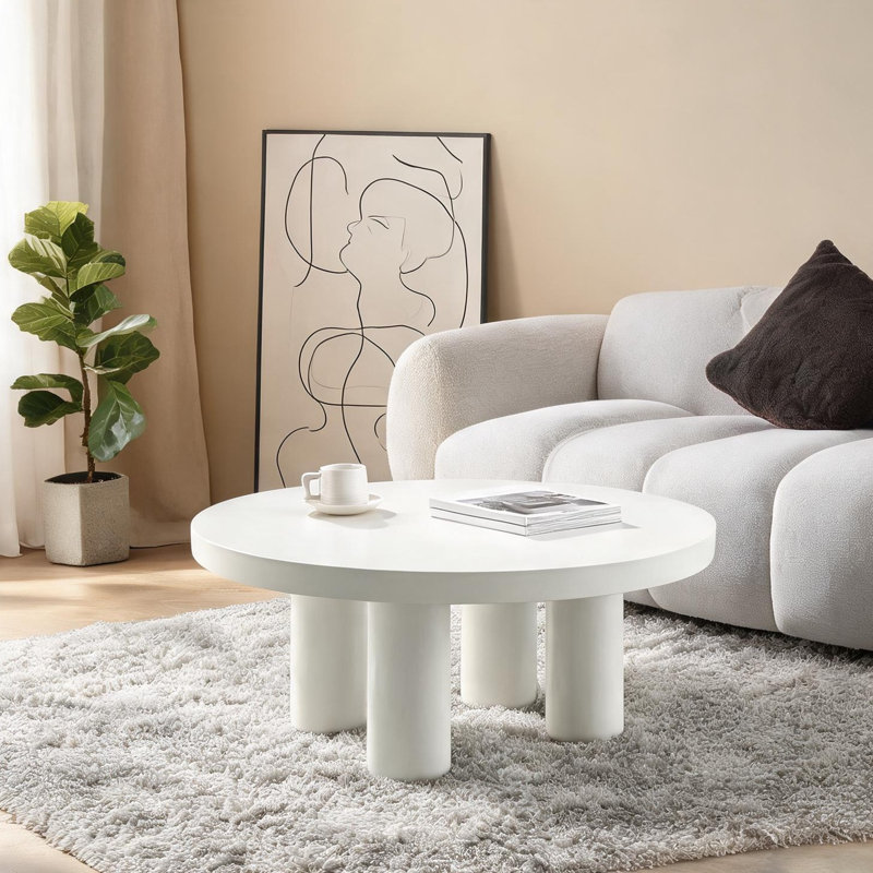 Table basse ronde de 35 pouces avec un design moderne et une finition en bois manufacturé blanc doux