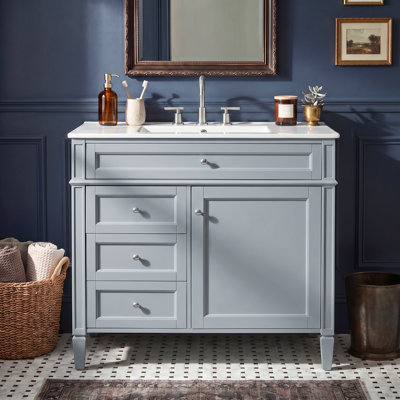 Meuble-lavabo sur pied 36 po avec lavabo en céramique blanc, armoire de rangement moderne avec 2 tiroirs, tablettes de porte, tablette réglable et tiroir basculant, meuble-lavabo simple gris