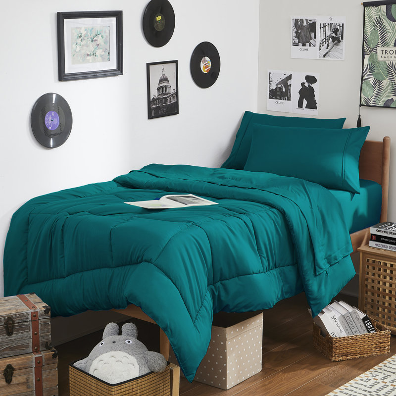 7PC Campus Ready Dorm Twin XL Bedding Bundle, Solid Comforter, Pillows And Sheet Set, Teal