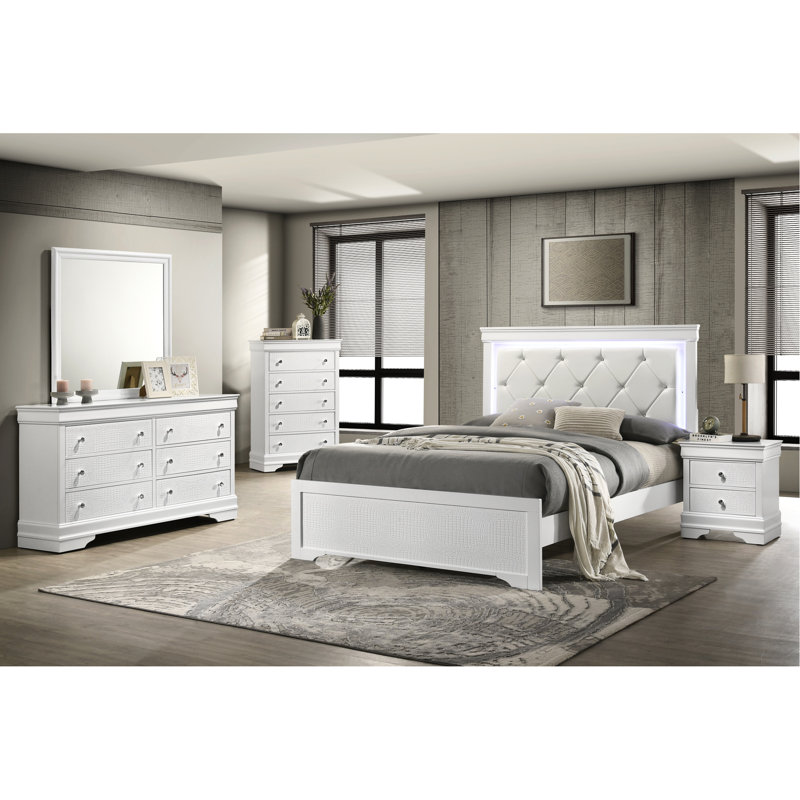 Lit simple moderne avec tête de lit tapissier et fabrication à DEL de style chambre à coucher blanche, White
