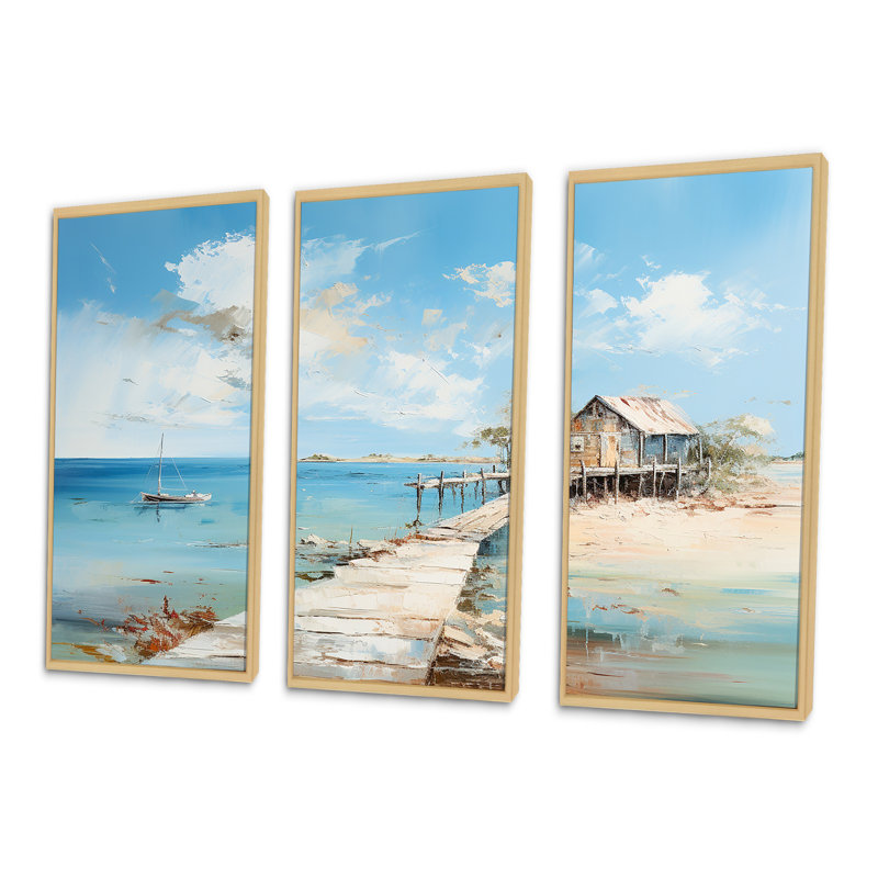 «Coastal Pier Minimalisme Charm» - ensemble de reproduction d'art mural, Cadre naturel flottant, H 32 po x l 48 po x P 1 po