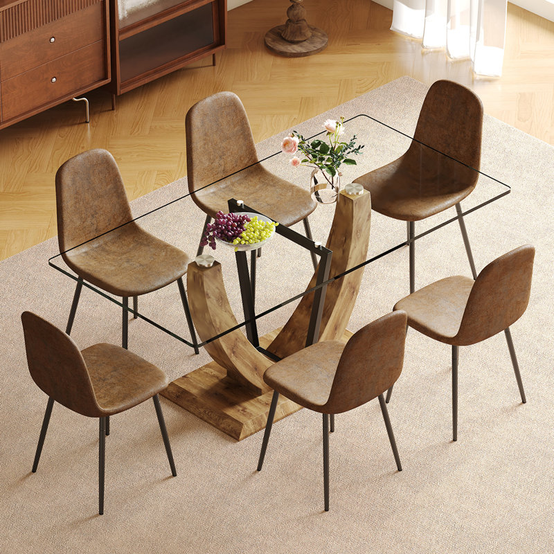 Modern 7-Piece Dining Table Set, 71'' Glass Table with 6 Upholstered Chairs, Rectangular Kitchen Furniture for Space Saving
