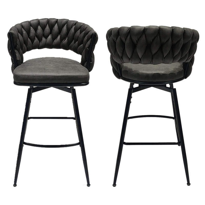 De 2 tabourets de bar tissés brun clair, pivotant à 360 °, base en métal, tabouret de comptoir rembourré avec dossier et repose-pieds pour différentes applications, paire de 28 po (2), structure solide, besoins