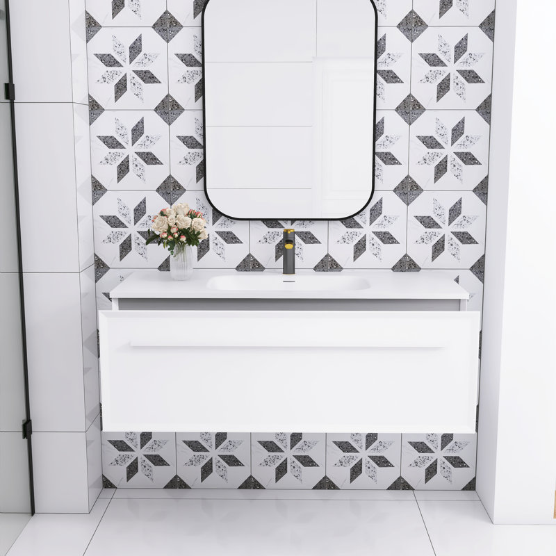 48 in. White Plywood Wall-Mounted Single Sink Vanity with Solid Surface Top
