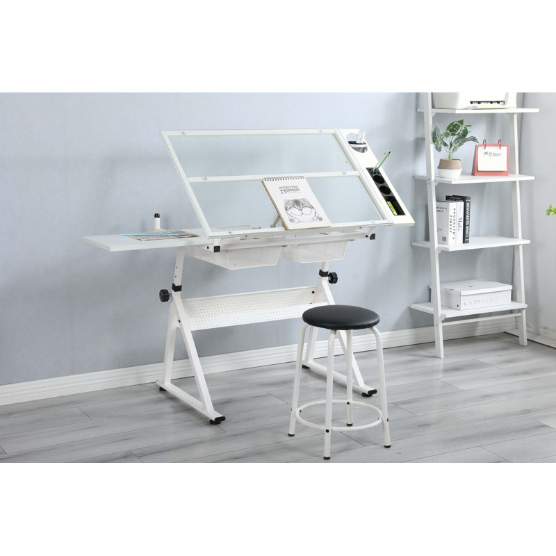 Kynnlie Adjustable Glass Top Metal Base Drafting Table, White