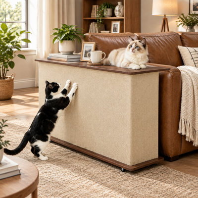 Table d'appoint 2 en 1 en sisal avec griffoir pour chat, protection pour canapé, rangement et roulettes pivotantes à 360° avec système de blocage, meuble pour animaux de compagnie réversible pour le salon