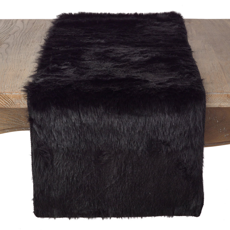 Chynia Faux Fur Polyester Rectangle Table Runner, Black, 36" L x 15" W
