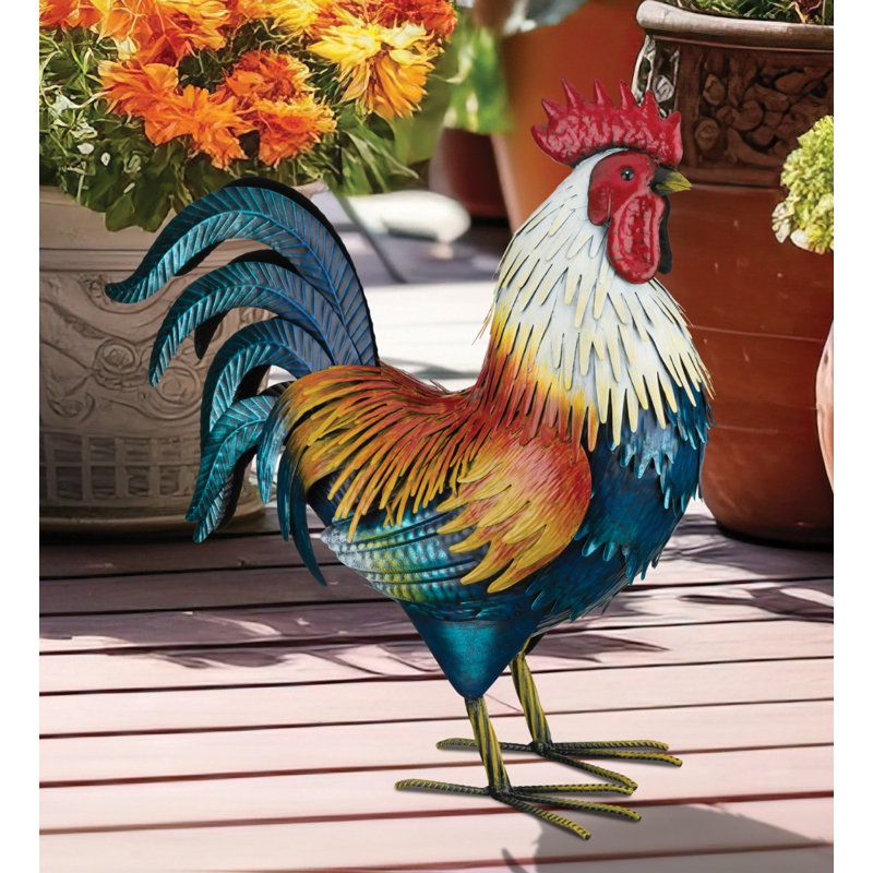 Statue de jardin coq doré en métal avec textures de plumes détaillées et finition peinte à la main résistante aux intempéries