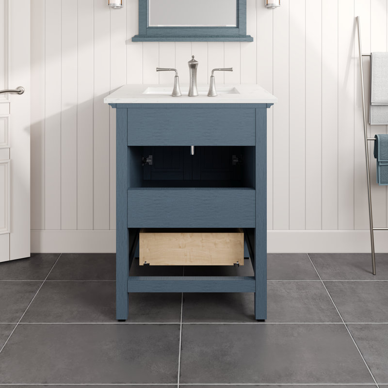 Glebs 24 In. W X 22 In. D Freestanding Bath Vanity In Ash Blue With White Carrara Quartz Top
