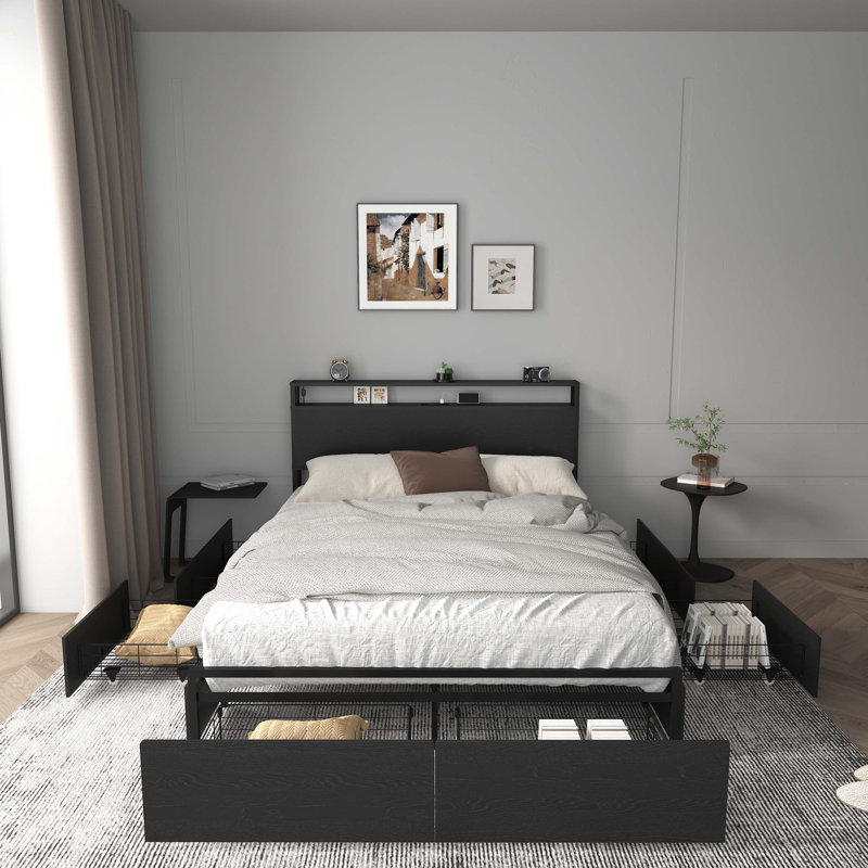 Full Bed Frame With Storage Headboard, Built-In Charging Station, Easy Assembly, No Box Spring Needed, Solid And Stable, Full