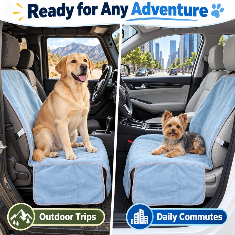 Ce protège-siège avant pour chien en microfibre bleue est absorbant, imperméable, antidérapant et lavable, avec des sangles réglables pour voitures, VUS et camions.