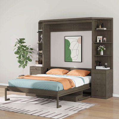 Queen Size Murphy Bed With Desk, Lights, Storage Shelves And Cabinets, Hidden Wall Bed For Home Office, Space-Saving Design