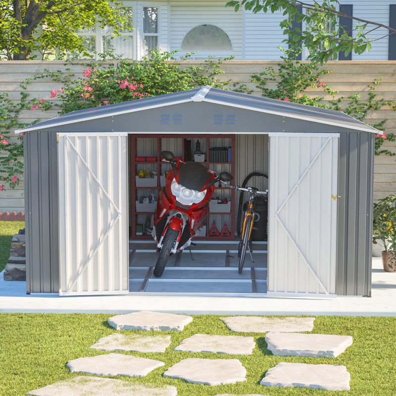 12×14 Ft Outdoor Metal Storage Shed, Large Garden Tool Shed With Lockable Double Doors, Waterproof Yard Building, Patio, Light Gray