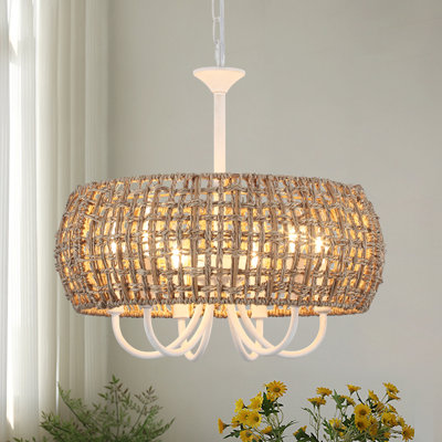 6- Light Dimmable Drum Chandelier Natural Rattan Bohemian Pendant