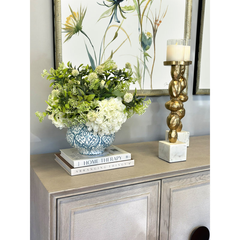 Hydrangea and Eucalyptus Faux Floral Arrangement, 13"H x 16"H x 16"D