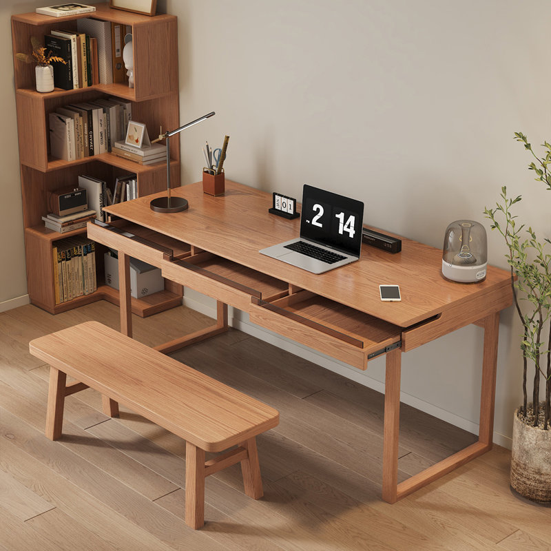 Brown Rectangular Solid Wood with 3 drawers writing desk, 29.53" H x 62.99" W x 23.62" D