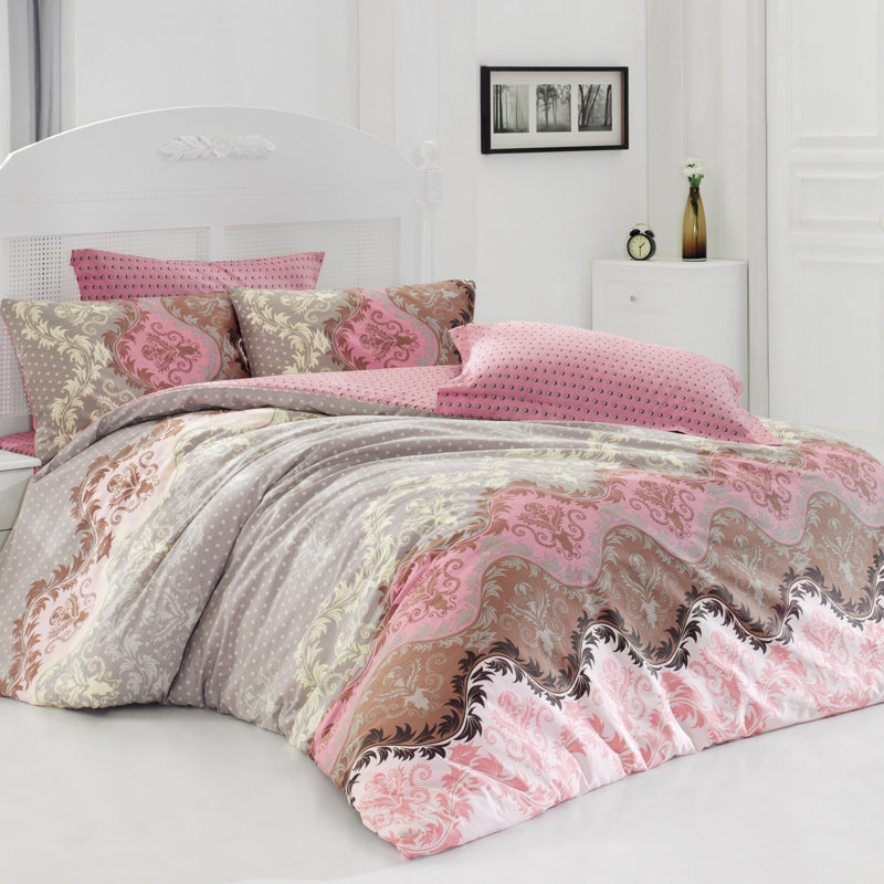 Ensemble de housse de couette 100% coton Cecil beige / rose, Housse de couette 61 po x 79 po + 1 taie d'oreille