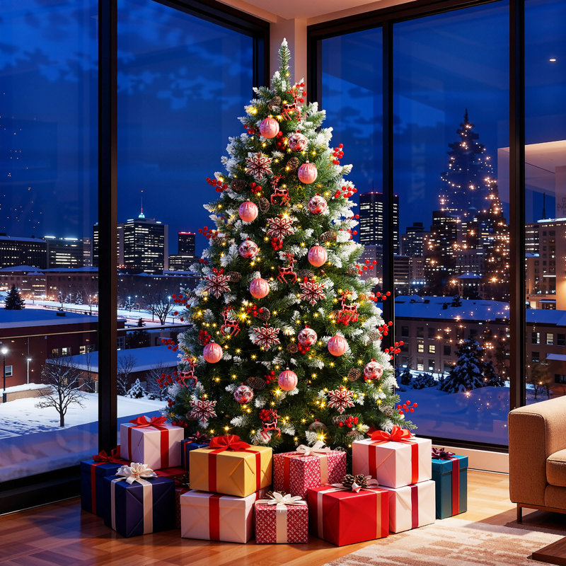 6ft Snow-Flocked Artificial Christmas Tree with Pine Cones & Red Berries, 818 Branch Tips, 250 Warm White Lights