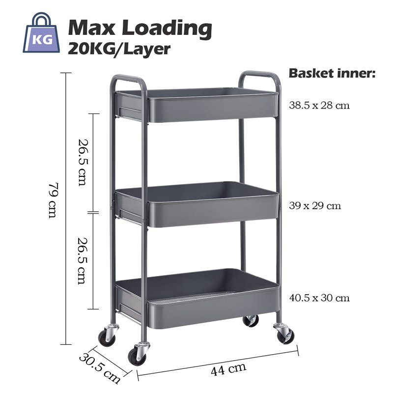 79cm H x 44cm W Utility Cart, Grey