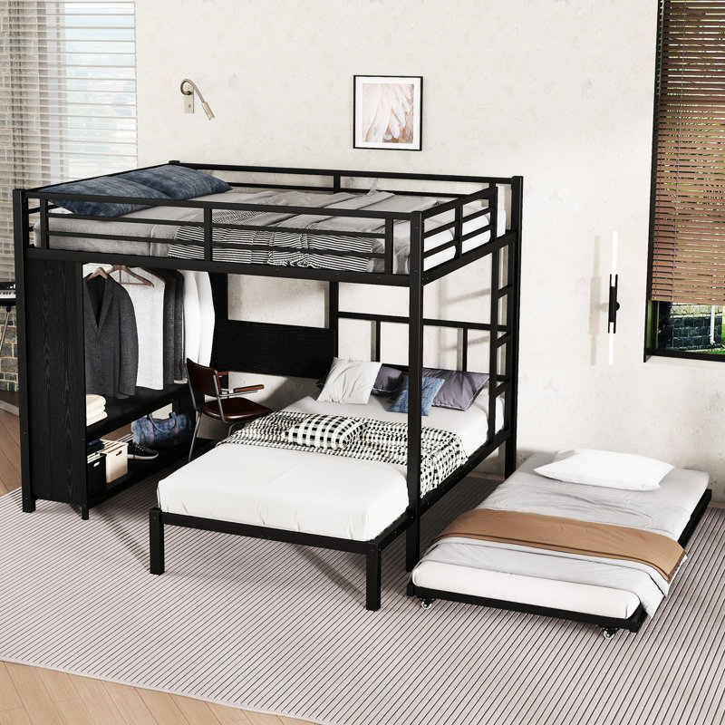 Queen Over Twin Bunk Bed With Foldable Desk, Trundle, Built - In Wardrobe, Ladders, And Rust Metal Frame Black Noise Reduced Design, Full Length Guardrails Stable