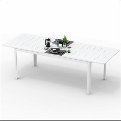 Table de salle à manger extensible pour patio, table d'extérieur en aluminium et métal pour 6 à 8 personnes Table rectangulaire pour porche, bistro de jardin (blanc ivoire)