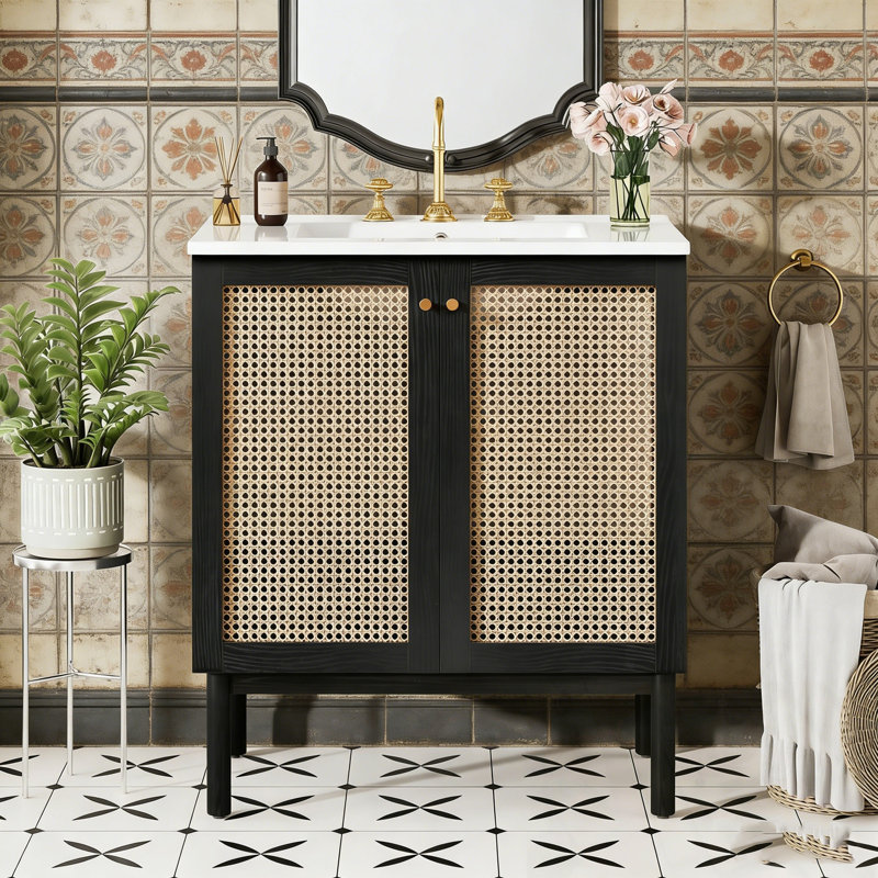 Meuble-lavabo avec lavabo, 2 portes et poignées en métal, Noir
