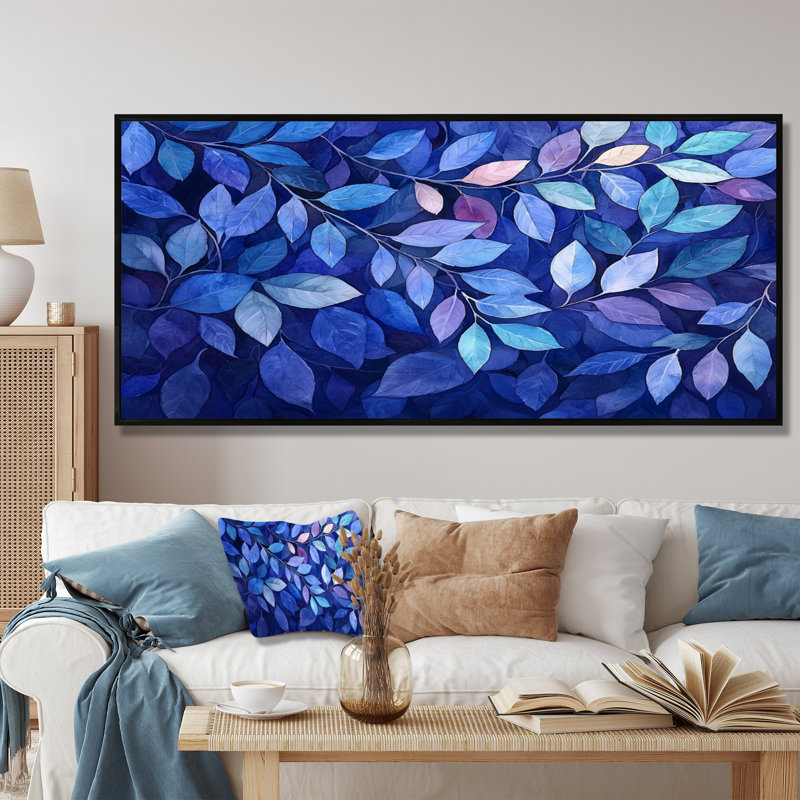 Indigo feuilles feuillage collage III - feuilles, art mural, H 28 po x l 60 po, Impression encadrée flottante